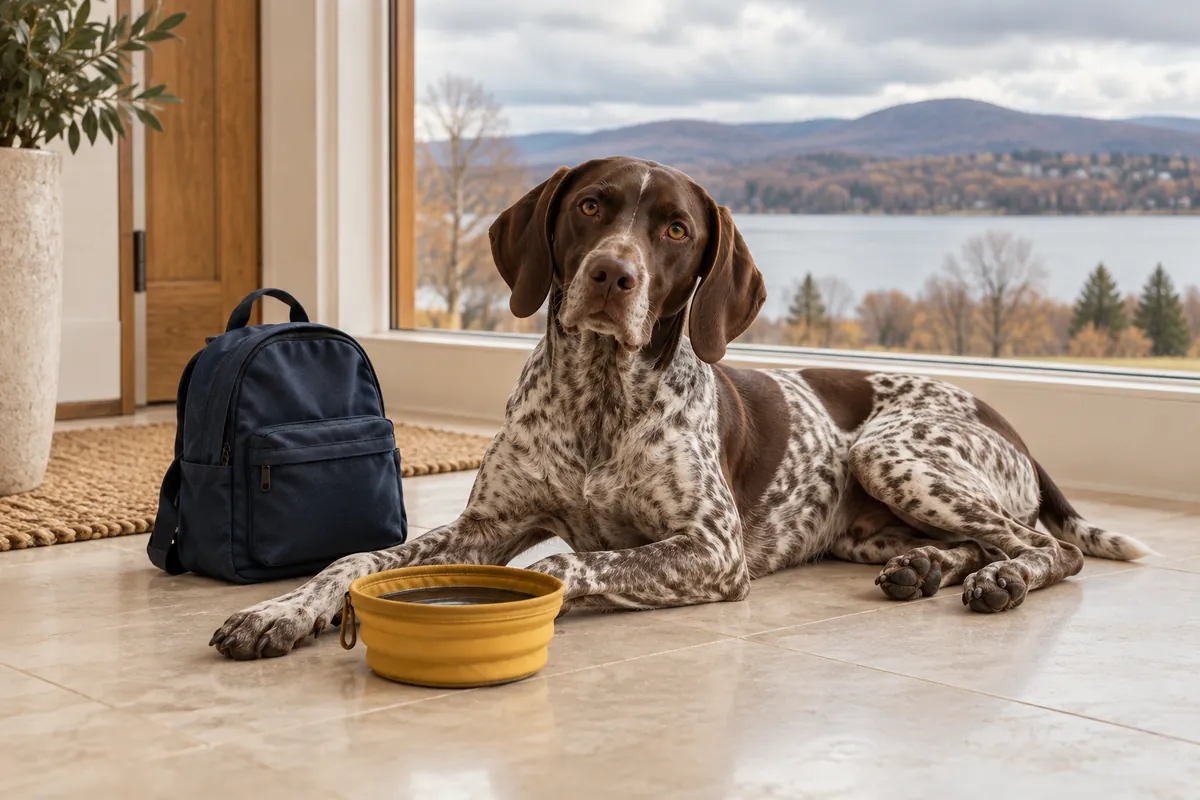 A German Shorthaired Pointer rests beside a daycare backpack and collapsible water bowl, with a lake and gray clouds outside