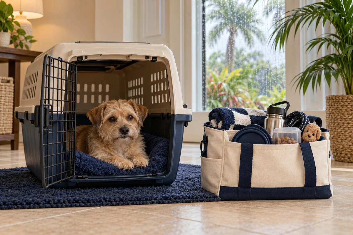 A small terrier resting beside an open ventilated carrier and a packed care bag near a rainy window