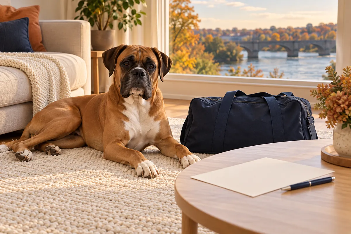 A Boxer rests beside an overnight bag while a blank sheet and pen lie on a low table, with a river and stone bridge outside