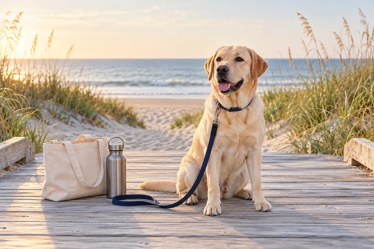 A yellow Labrador sits on a dune boardwalk beside a canvas tote and water bottle, with its leash resting on the boards