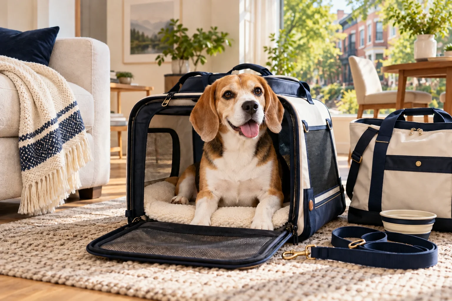 A beagle resting in an open carrier beside a packed care bag in a bright apartment