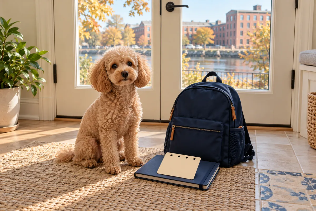 An apricot Miniature Poodle sits beside a daycare backpack and blank punched card, with riverside brick buildings outside