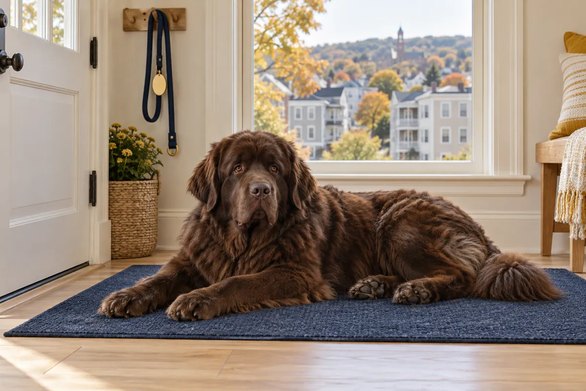 A brown Newfoundland rests on an entryway mat beneath a hanging leash and blank tag, with wooden houses beyond the window