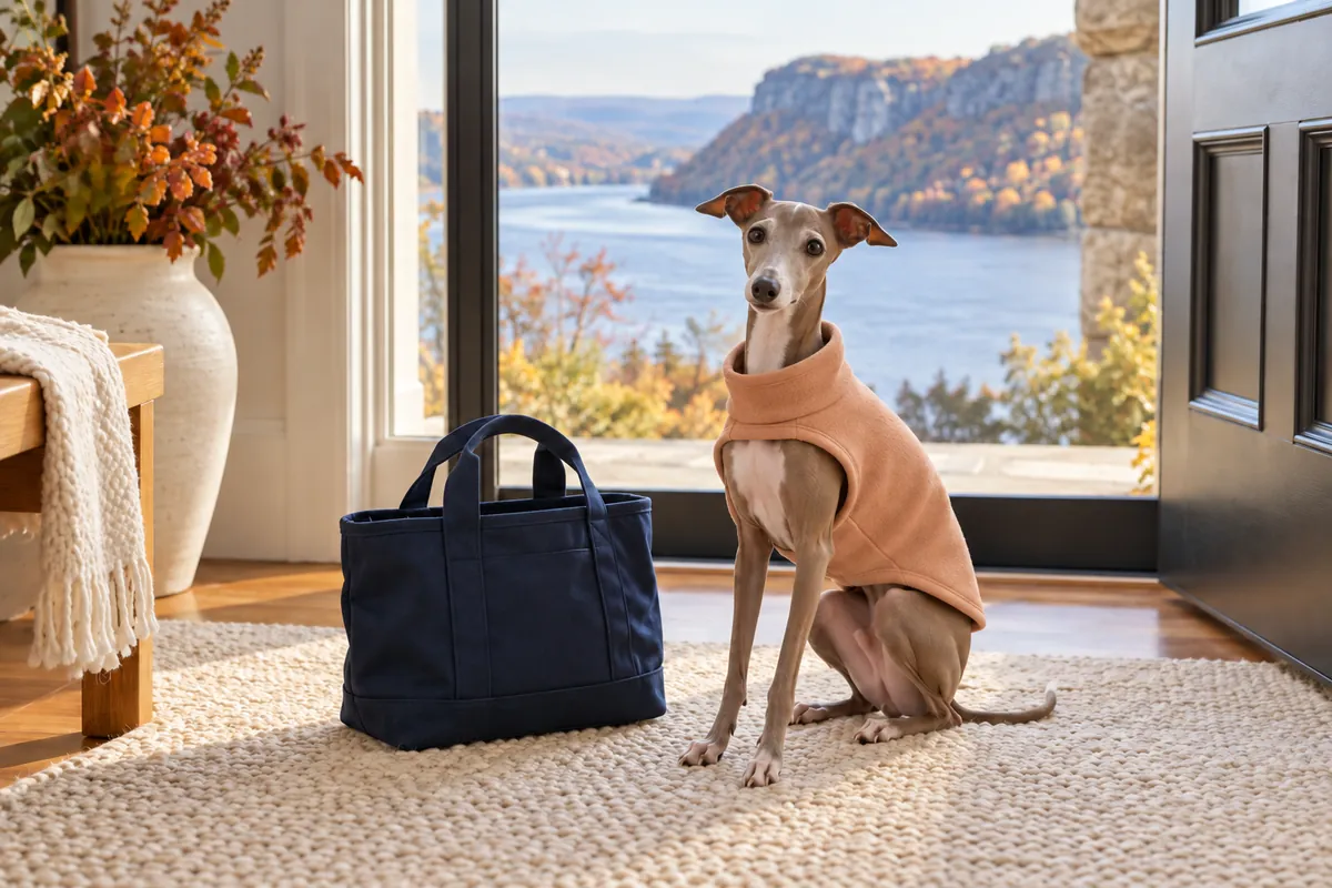 An Italian Greyhound in a plain apricot coat sits beside a navy daycare tote, with a river valley visible through the window