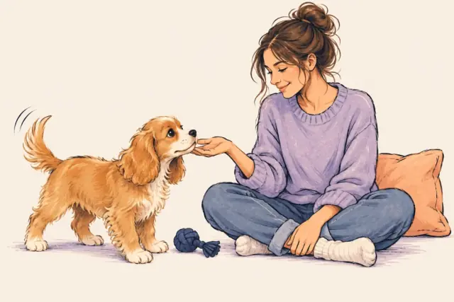 An illustrated spaniel puppy gently touching its dog parent’s open hand at home