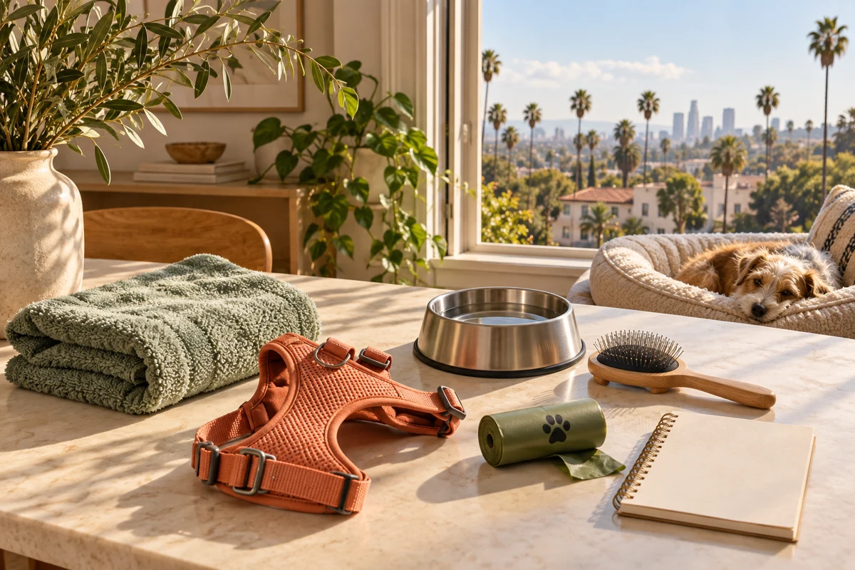 Care supplies beside a resting terrier in a Los Angeles home