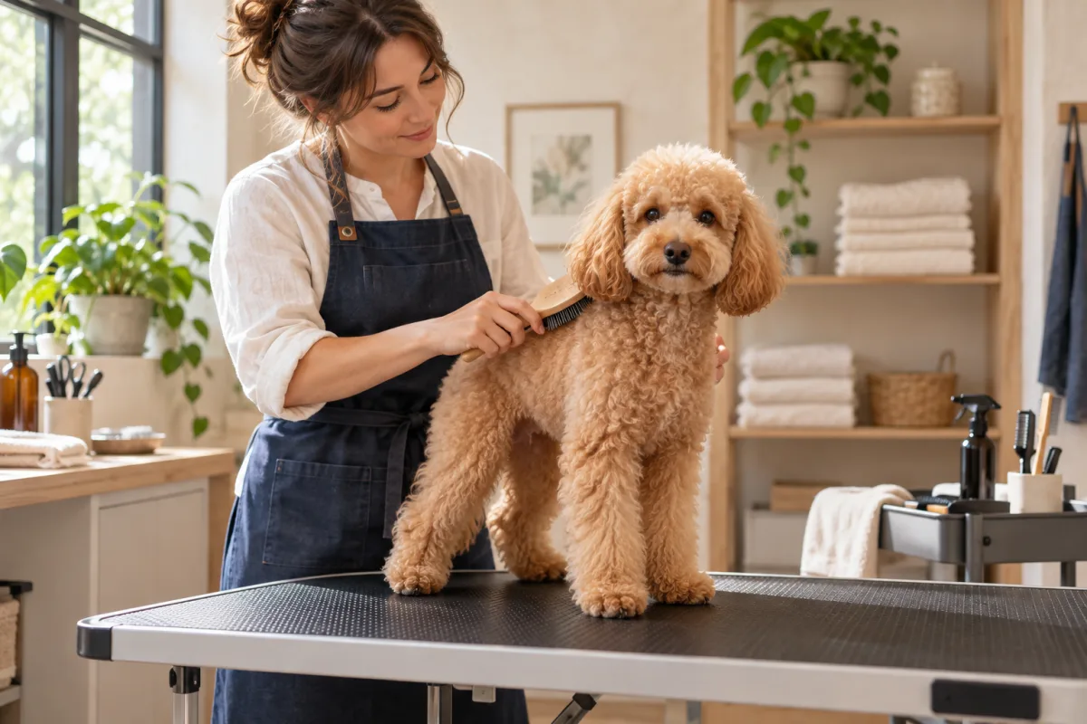 A groomer gently brushing an apricot Poodle in a bright studio