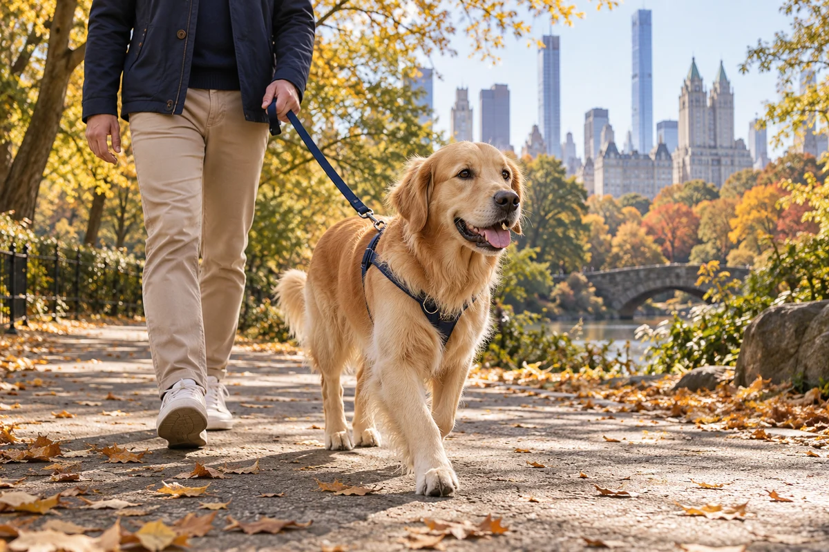 A golden retriever and caregiver walking on a leafy Manhattan park path