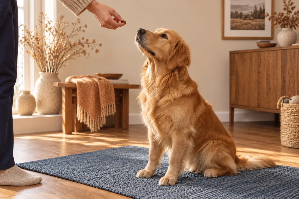 A golden retriever receiving a reward in a calm home